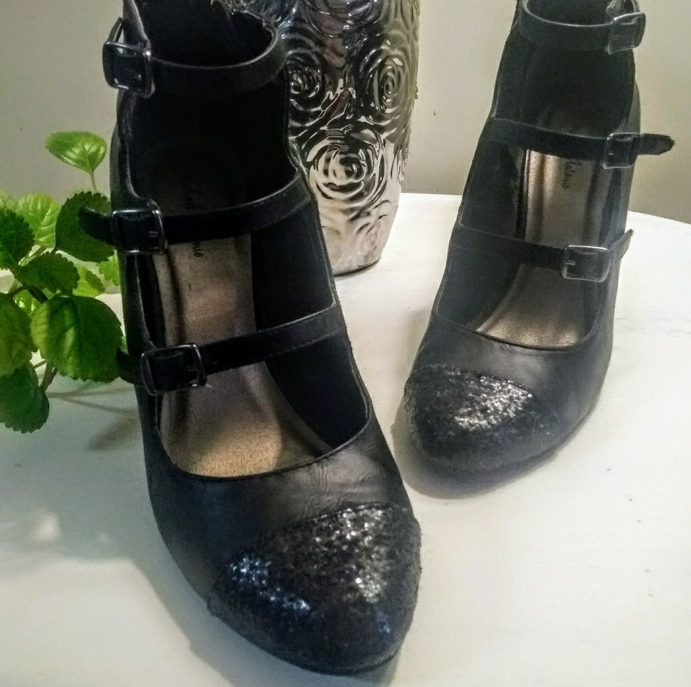 Black strappy babydoll heels